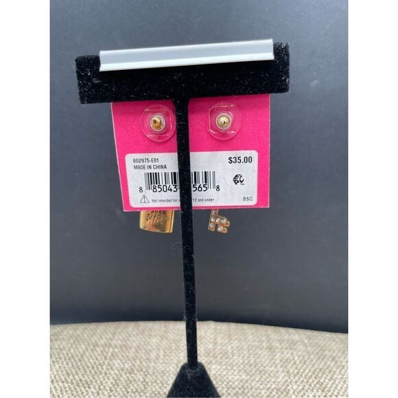New Betsey Johnson Iconic Heart Lock Key Earrings Crystal Black Bow Pierced Post - Picture 2 of 7